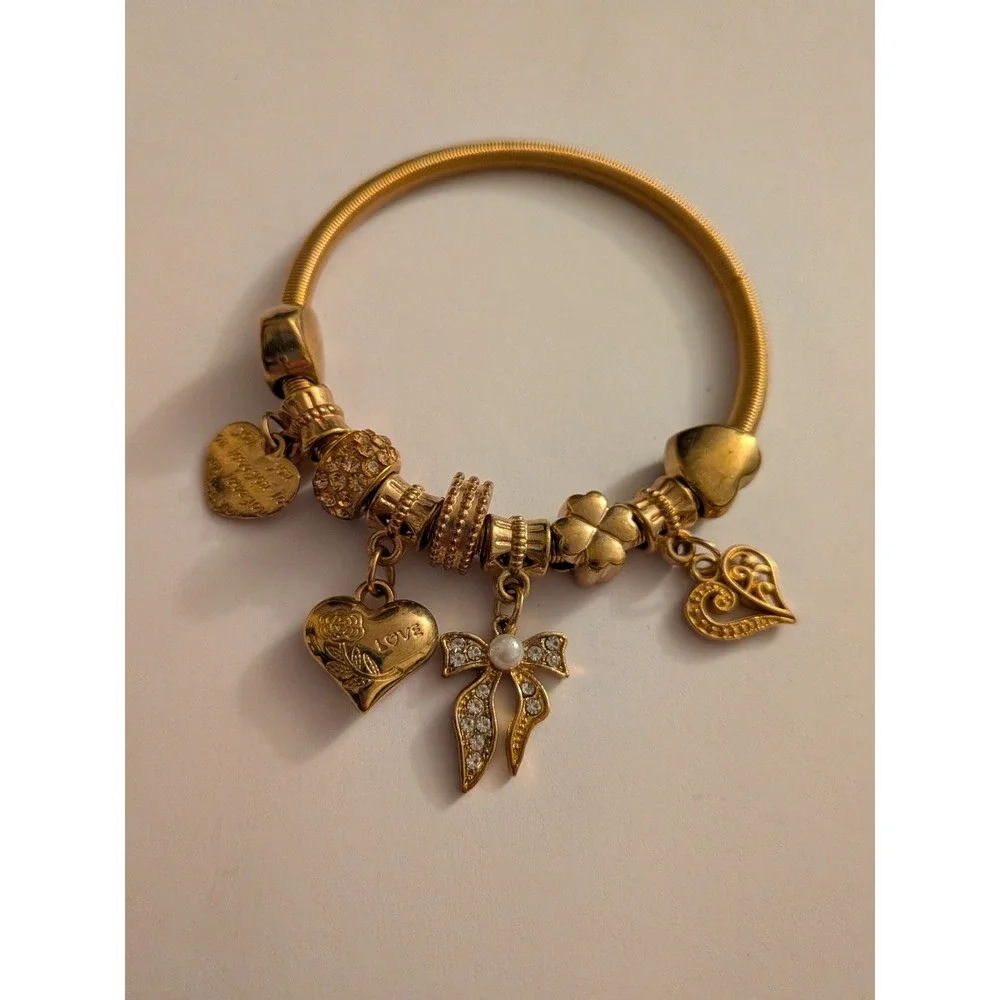 Gold Tone Charm Bracelet Heart Love Bow Crystal Pearl Snake Chain Jewelry
